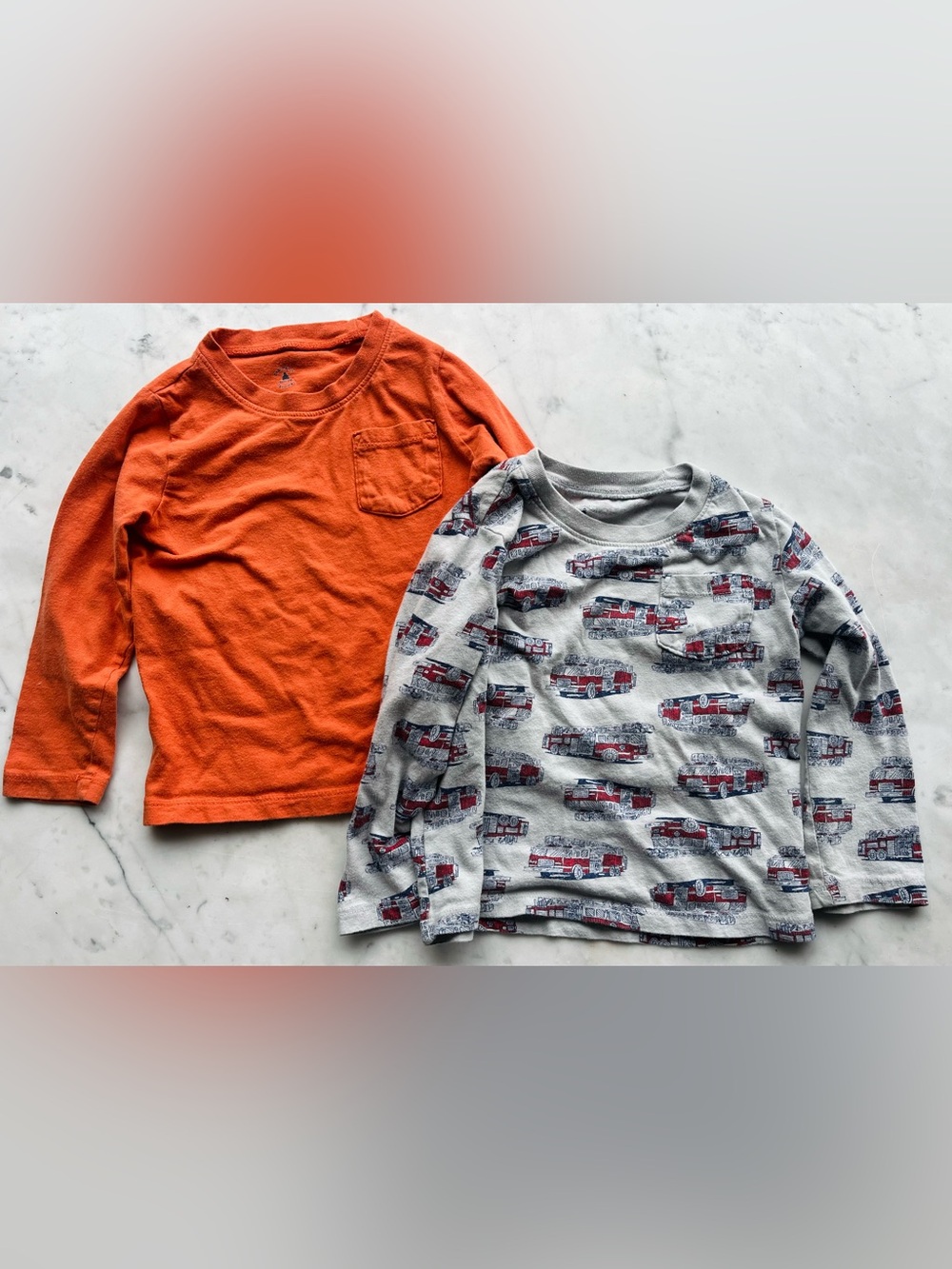 babyGap Set of 2 Long Sleeve Pocket Shirts Orange and High Rise Firetruck Size 3